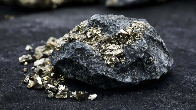 Pyrite crystals cluster on rough gray rock surface  showcasing metallic luster and jagged edges against dark textured background