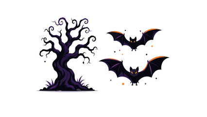 Naklejka premium Halloween Spooky Dead Tree Flying Bat Night Silhouette Set Vector Illustration