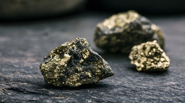 Golden pyrite crystals embedded in dark rock  resting on textured stone surface with soft natural lighting and shallow depth of field