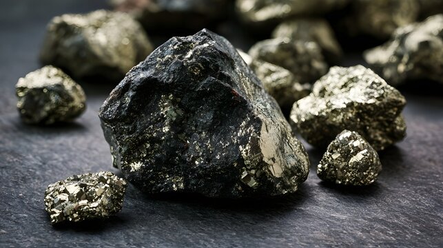 Dark rock with metallic pyrite inclusions resting on textured stone surface  surrounded by smaller mineral fragments under soft lighting