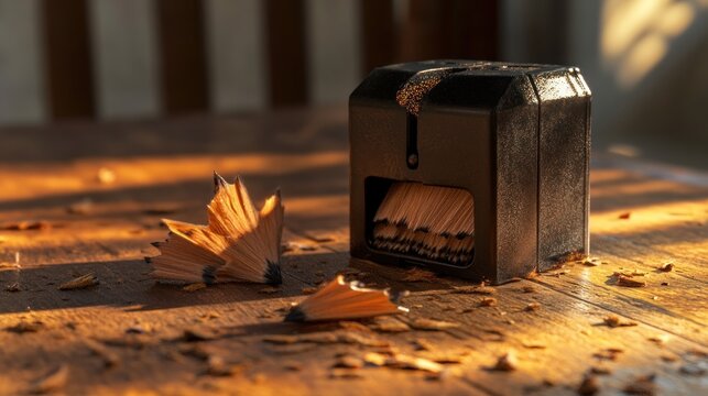 Vintage pencil sharpener shavings on wooden desk, sunlight