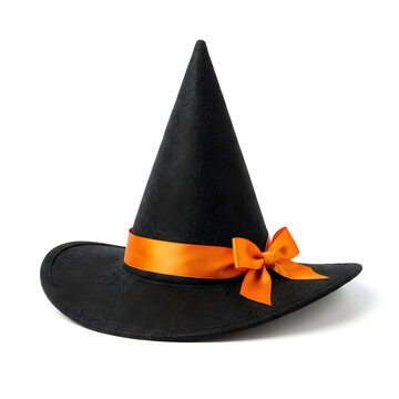 Black witch hat with orange bow on white. Halloween costume accessory. Conical wizard prop. Felt headgear with ribbon detail.