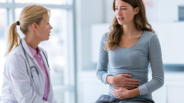 a female physician attentively consulting with a young woman experiencing abdominal discomfort inside a modern medical clinic