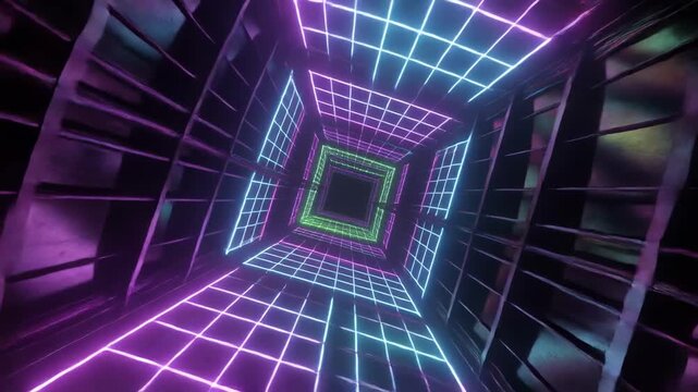 abstract geometric wireframe structure animation with purple glow
