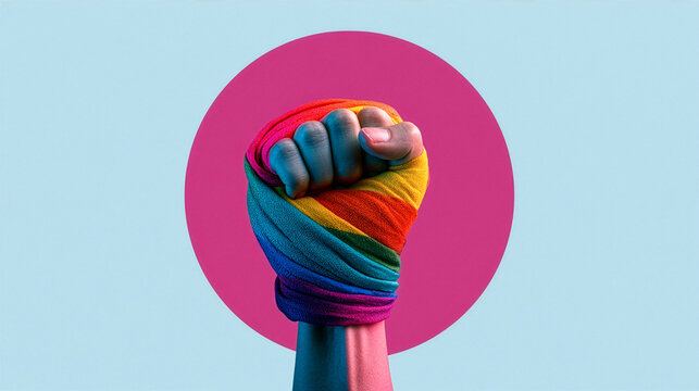 a raised clenched fist wrapped in a vibrant rainbow pride flag, symbolizing equality