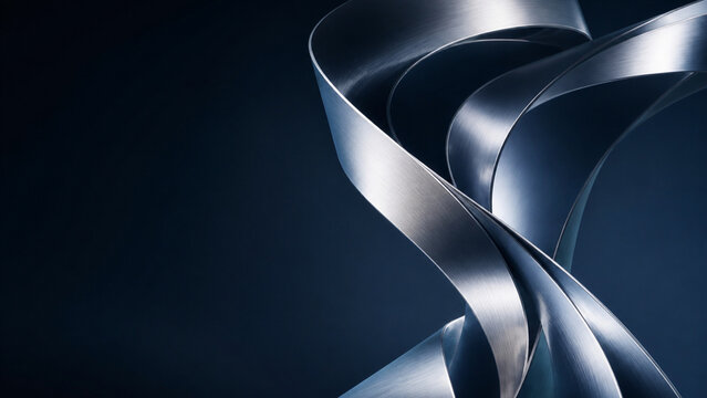 Silver metallic ribbon curves on a midnight background
