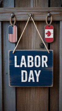 Labor day celebration concept with hanging american and canadian flag tags on a dark chalkboard background