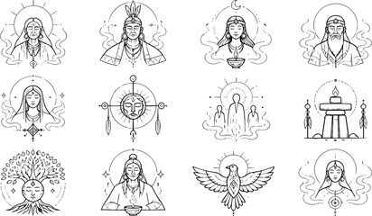 Fototapeta premium Shamanic spiritual icons set with tribal symbols and figures