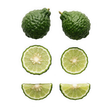 Fresh kaffir lime or bergamot fruit whole, sliced in half and quartered isolated on transparent background