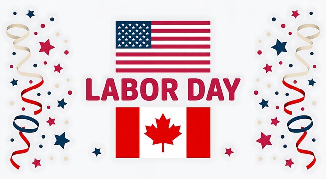 Labor day celebration concept with hanging american and canadian flag tags on a dark chalkboard background