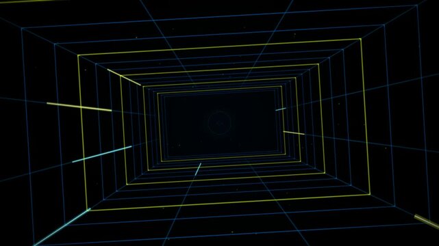 Abstract digital tunnel background with glowing yellow and blue neon rectangular grid lines in deep space