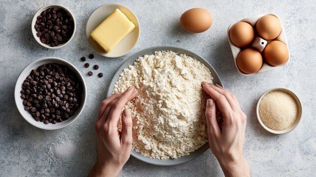 Top view of hands preparing chocolate chip cookie ingredients with flour, eggs, butter and sugar for homemade baking