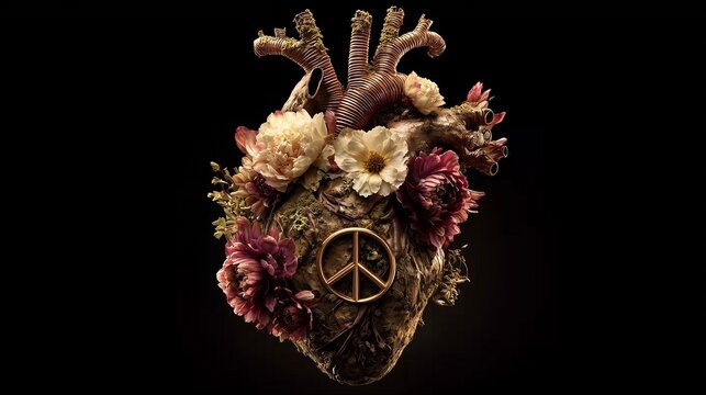 Anatomical human heart adorned with flowers and peace symbol on black background
