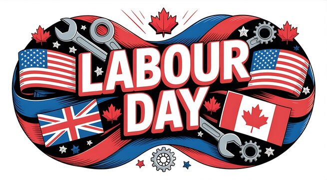 Labor day celebration concept with hanging american and canadian flag tags on a dark chalkboard background