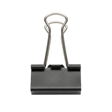 A single black metal binder clip with silver wire arms, used for organizing and securing stacks of paper, isolated on transparent background