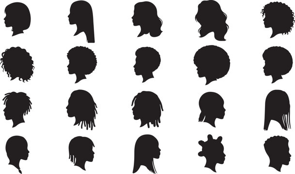 Set of black silhouettes of diverse hairstyles and profiles representing various African hair textures and styles for beauty and hair salons.