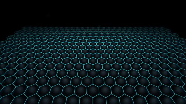 Abstract dark background with glowing cyan hexagonal grid pattern in a perspective view for digital technology concepts
