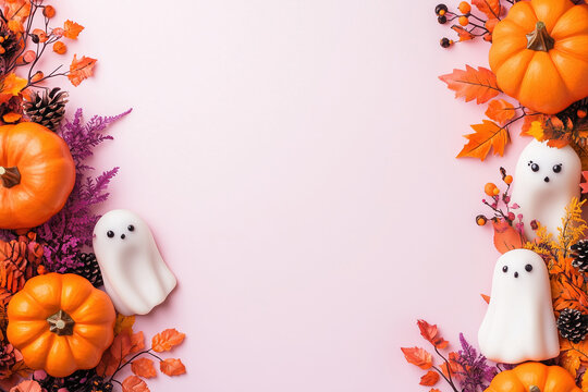 Halloween frame with cute ghost figures orange pumpkins and autumn foliage on both sides of light pink background.