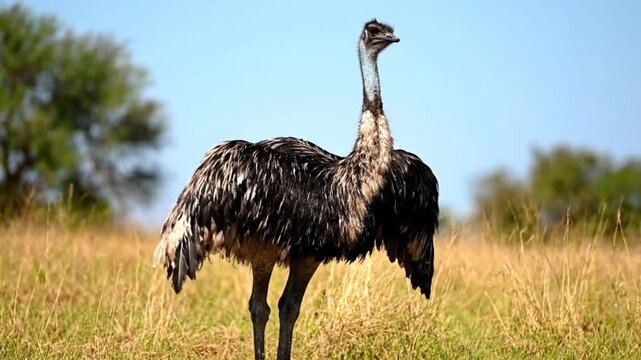 An emu or ostrich strut feather fan dust kick display across open savanna
