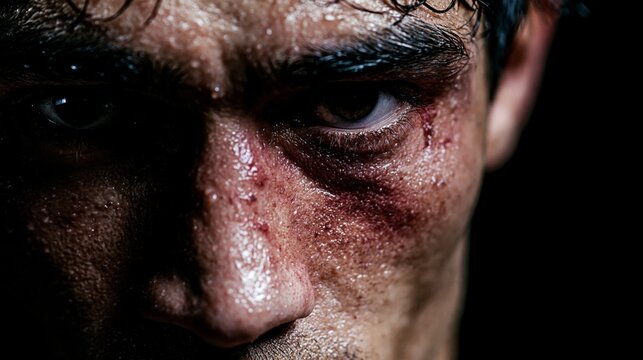 Close-up portrait of a determined boxer with bruised face and sweat, dramatic shadows, emotional expression, black background