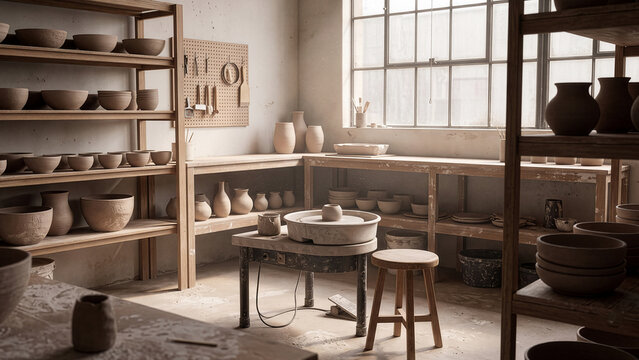 Rustic pottery studio interior with potters wheel and shelves of unglazed clay ceramics