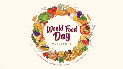 Fototapeta premium World food day celebration illustration with fruits vegetables and dishes