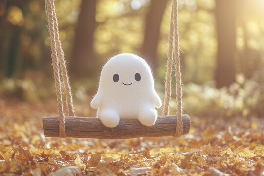 Small cute white ghost figurine sitting on wooden rope swing in sunny autumn park.