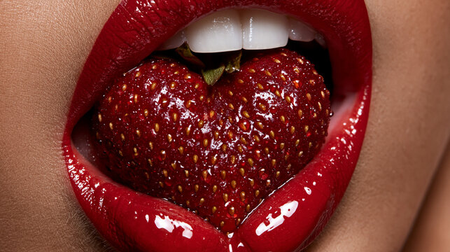 ripe strawberry between glossy red lips, closeup of woman with fresh strawberry and parted lips, juicy heart shaped strawberry resting on lips and tongue