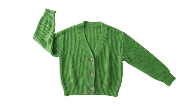 Green knitted cardigan sweater with front buttons as isolated object