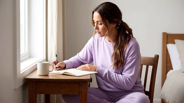 Woman Calmly Writing in an Open Notebook at a Wooden Table Beside a Bedroom Window