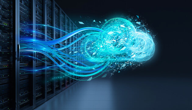 Network Cables Transforming into Cyber Cloud in Server Room