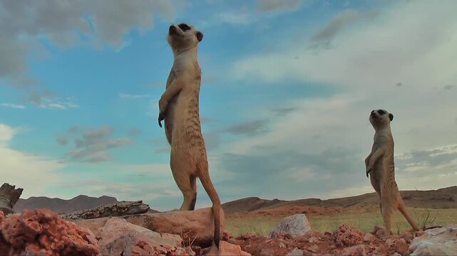 two free living meerkats or  suricates, Suricata suricatta, standing upright on lookout watchful 7.1