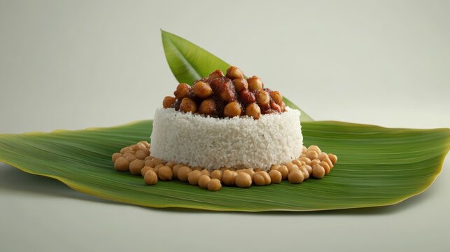 Authentically prepared Sri Lankan steamed rice puttu served with whole chickpeas on a green banana leaf.