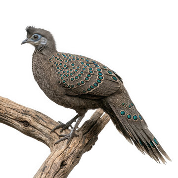 Grey peacockpheasant perched on a branch isolated on transparent background