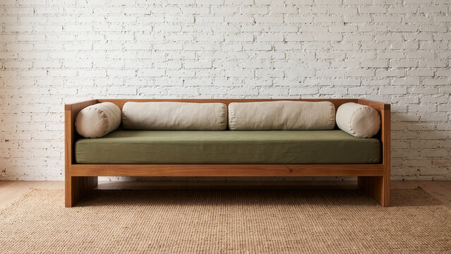 Minimalist wooden daybed with olive green cushion against white brick wall
