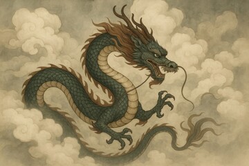 Fototapeta premium Mythical dragon amidst swirling clouds.
