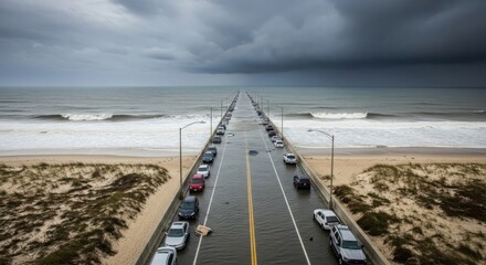 Fototapeta premium Cars navigating a flooded coastal road and pier under a stormy sky with waves crashing ashore
