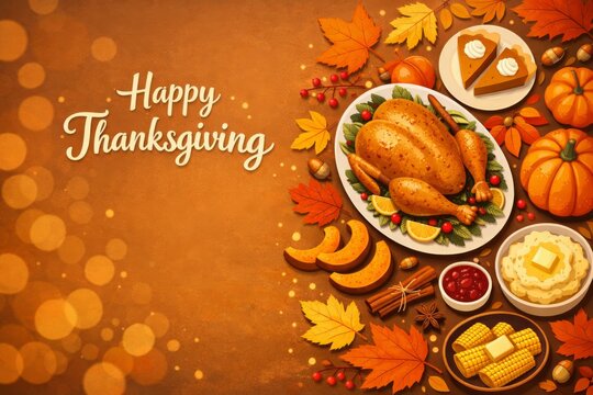 Happy thanksgiving holiday dinner illustration with roasted turkey and harvest side dishes for seasonal banner and greeting card background