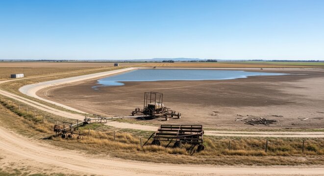 Arid reservoir in a dry agricultural landscape showing signs of drought and water scarcity, with old farming equipment present.