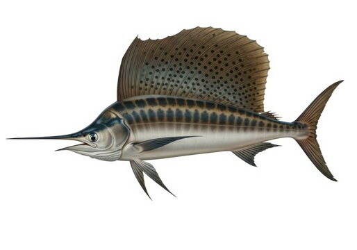 Majestic sailfish displaying its distinctive dorsal sail on white isolated on white background