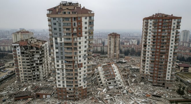 Damaged residential towers tilt precariously after earthquake devastation