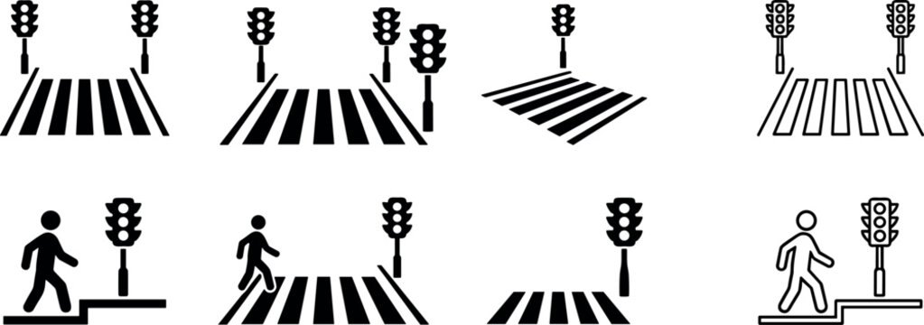 Pedestrian crosswalk and traffic light icon set with walking person zebra crossing vector symbols