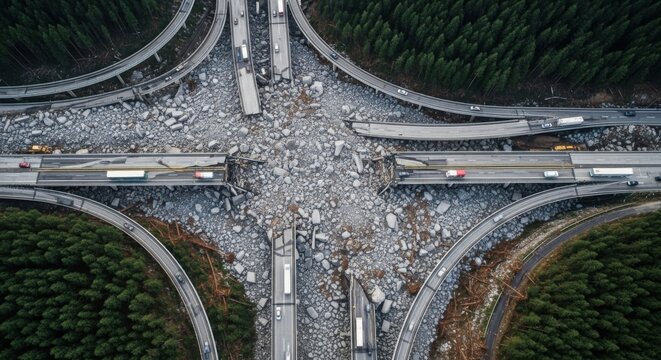 Devastated Highway Interchange Collapsed Amidst Rubble and Debris, Showing Severe Infrastructure Damage