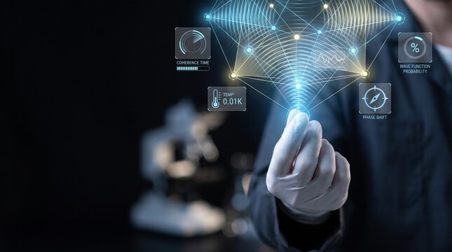 Scientist in lab coat holding a digital holographic projection of quantum computing data and molecular structures