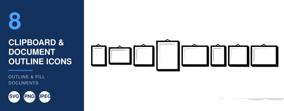 Clipboard and Document Outline Icons Set, Minimalist Design. Office Supplies, Paperwork
