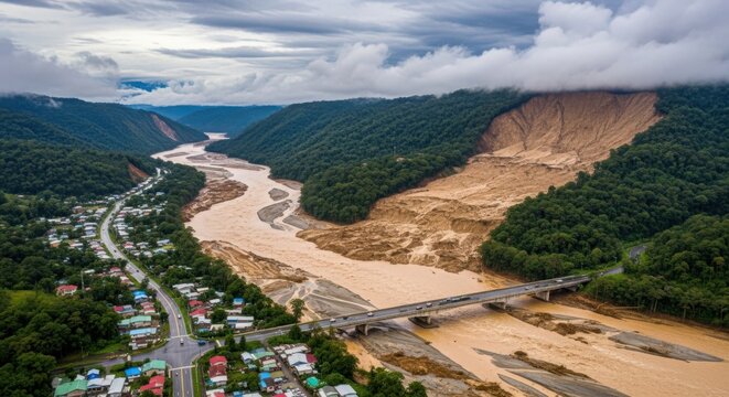Devastating landslide transforms lush river valley with mudflow and flooding impacting a nearby town and bridge