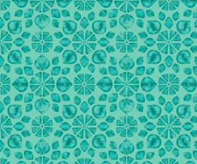 Fototapeta premium Teal Botanical Folk Art Floral Design with Hand Printed Textured Leaves