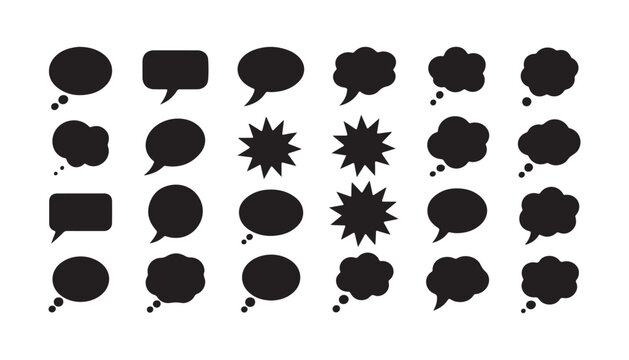 Black comic speech bubble graphic set with starburst and thought cloud elements for digital storytelling.