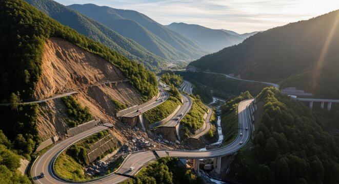 Dramatic Mountain Highway with Winding Curves and Overpasses Navigating a Lush Green Valley