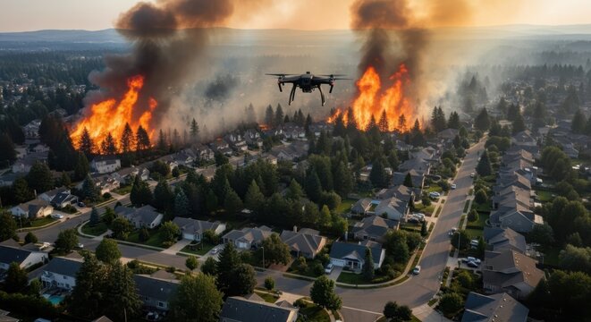 Drone Surveys Advancing Wildfire Threatening Suburban Homes and Forested Areas